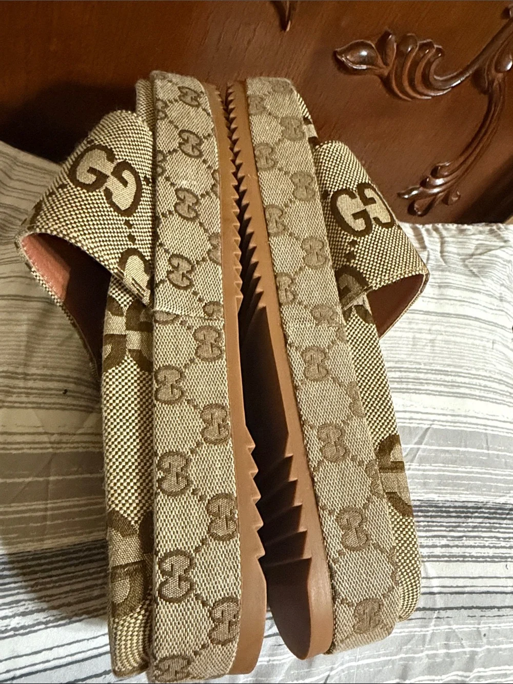 Gucci Brown & Beige GG Canvas Slide Sandals Platform Slidders size 44